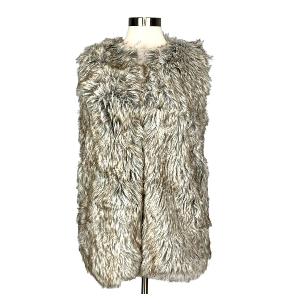 Rachel Zoe Womens Faux Fur Vest Plush Brown Gray Hook Front size Medium